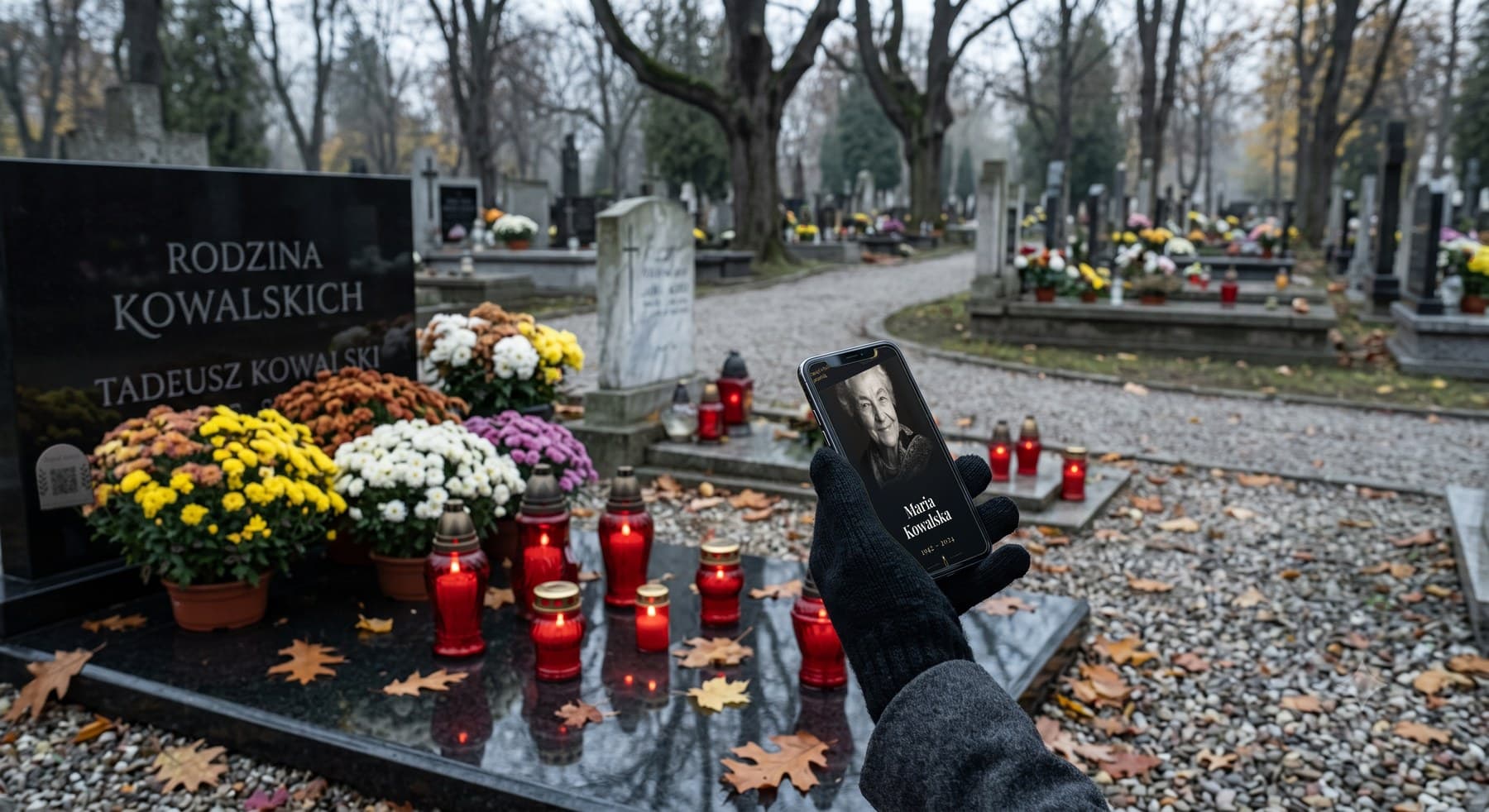 Dłoń trzyma telefon przy nagrobku; na ekranie otwarty dusznik ze zdjęciem i datami, w tle tabliczka QR na kamieniu.
